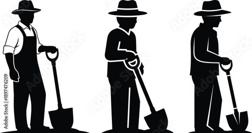 Three farmers in hats with shovels in different poses on white background