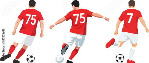 Three soccer players in red jerseys kicking balls in different positions on white background