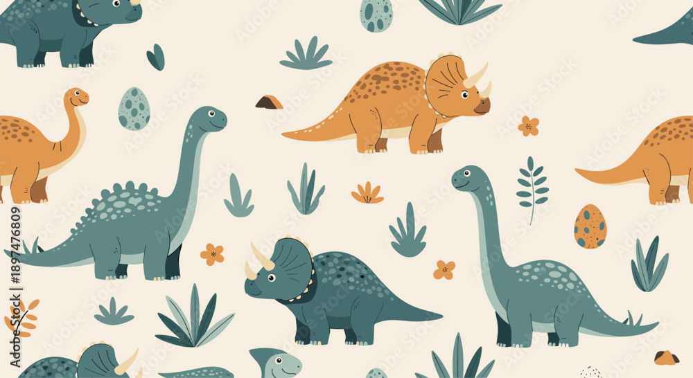 Naklejka premium A charming seamless pattern with cute hand-drawn style dinosaurs like Triceratops and Brontosaurus in a natural setting.
