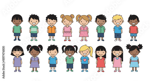 A diverse collection of happy and smiling cartoon children from various ethnic backgrounds standing together in two rows, vector illustration set of cute kids.