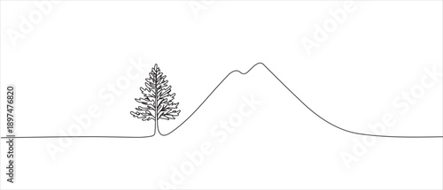  Mountain and Tree Sketch one liner vector illustration design