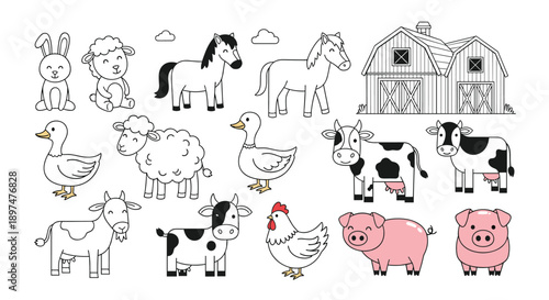 Charming collection of cute black and white farm animal doodles, including a rabbit, sheep, horse, cow, pig, and a barn, ideal for coloring book pages.
