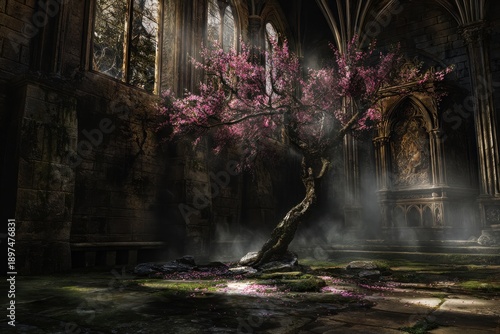 a blooming cherry tree in the courtyard of gothic castle