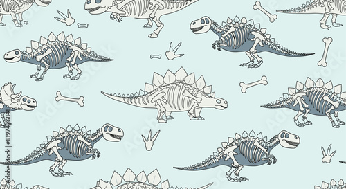 Seamless pattern for children featuring cute and friendly cartoon dinosaur skeletons, bones, and fossils on a pleasant light blue background vector illustration.