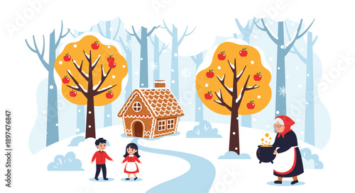 Classic Hansel and Gretel fairy tale illustration showing the children in a snowy forest discovering the gingerbread house and the witch with her cauldron.