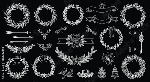 Extensive collection of vintage white chalk-style Christmas design elements on a blackboard, featuring wreaths, holly, deer, birds, and decorative ribbons.