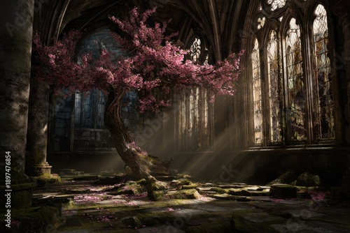 a blooming cherry tree in the courtyard of gothic castle