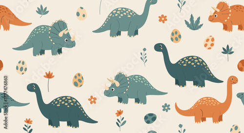 A cute and gentle seamless pattern for children featuring cartoon dinosaurs, prehistoric plants, and colorful dino eggs.