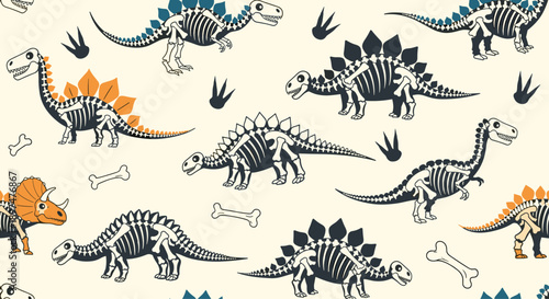 Fun seamless pattern for kids featuring cartoon dinosaur skeletons, bones, and footprints on a light beige background, ideal for museum or educational themes.