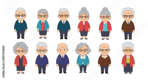 Diverse collection of cute cartoon elderly people, including grandmothers and grandfathers with different clothing, hairstyles, and gentle expressions.