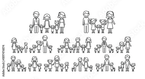 Black and white outline collection of diverse stick figure families holding hands, featuring parents with different numbers of children, isolated on white.