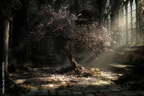 a blooming cherry tree in the courtyard of gothic castle