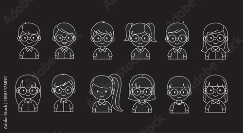 Chalkboard-style collection of cute cartoon children's faces, with boys and girls wearing glasses, presented as white line art avatars on a black background.