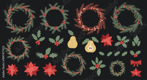 Elegant Christmas and winter holiday design set on a dark background, featuring festive wreaths, holly, pears, and poinsettia flowers for seasonal decor.