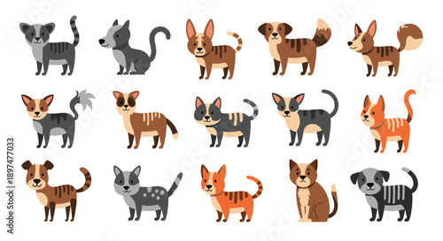 A diverse and playful collection of fifteen stylized cartoon dogs and cats with unique patterns and colors, shown in various standing and sitting poses.