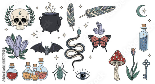 Mystical and magical doodle set with various witchcraft and occult symbols, including a skull, cauldron, crystals, potions, a snake, and a bat.