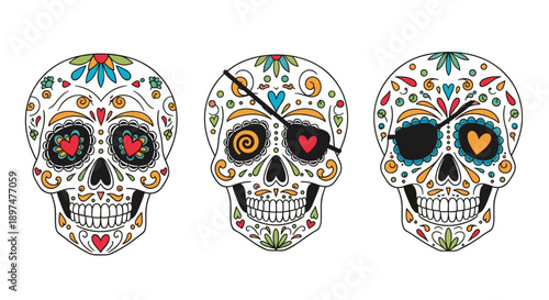 Set of three intricately decorated sugar skulls for the Day of the Dead, featuring colorful floral patterns, hearts, and unique eye patch designs.