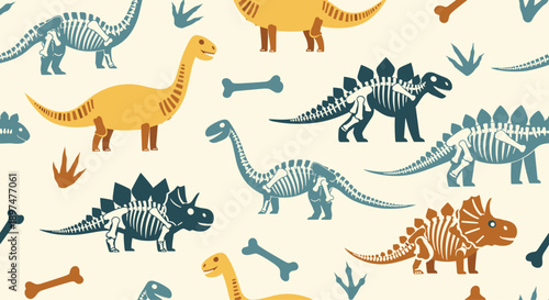 Kids seamless pattern with a mix of colorful dinosaurs and their skeletons, along with bones and footprints on a light, neutral-colored background.