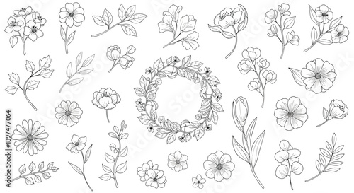 A beautiful collection of hand-drawn flowers, leaves, and a floral wreath in a detailed black and white dotted or stippled line art style.