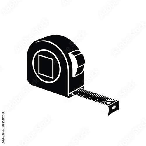 A detailed black and white illustration of a measuring tape with a square symbol. isolated on white background, Vector, illustration