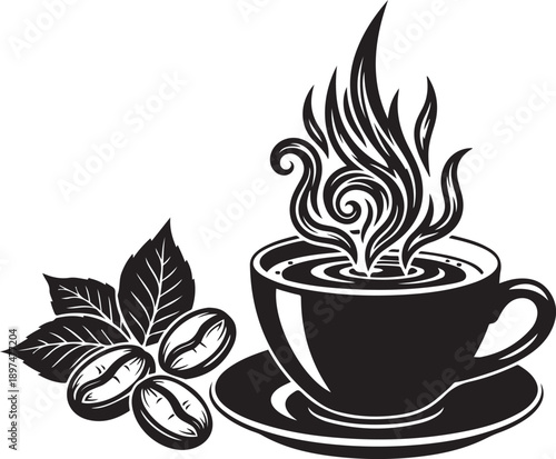 Black Silhouette Coffee Cup with Swirling Steam and Coffee Beans saucer