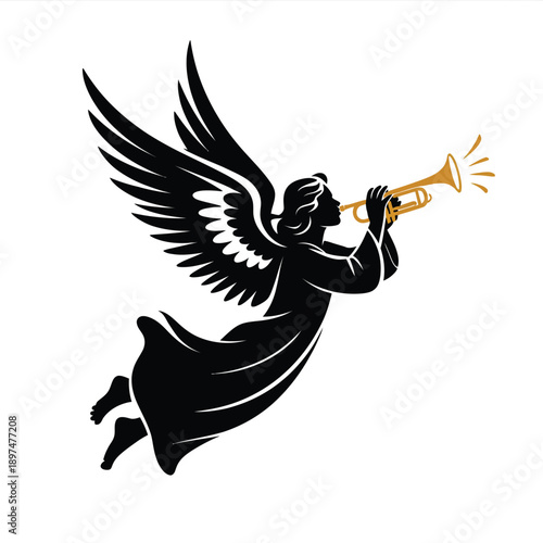 An angelic figure with wings playing a golden trumpet in a dynamic pose. isolated on white background, Vector, illustration
