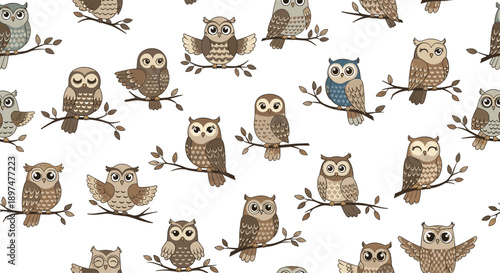 A delightful seamless pattern featuring a variety of cute cartoon owls in different poses and colors, all perched on small tree branches.