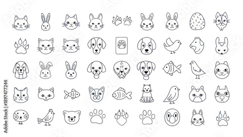 Cute Pet Animal Icons Set: Cats, Dogs, Rabbits, Chickens, Fish, Paw Prints