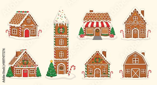 A festive collection of decorated gingerbread houses of various shapes and sizes, perfect for Christmas and holiday designs.