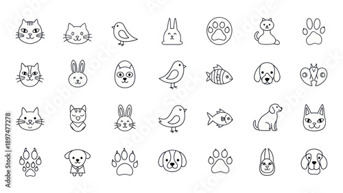 Cute Pet Icons: Cats, Dogs, Birds, Rabbits, Fish, Paw Prints - Simple Line Art