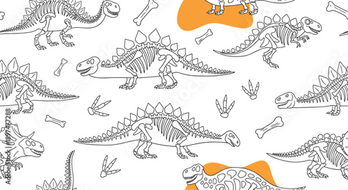 A fun and educational seamless pattern featuring the skeletons of various dinosaurs in a black and white line art style.