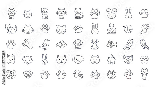 Cute Pet Icons: Cats, Dogs, Bunnies, Birds, Fish, Paws - Line Art Collection