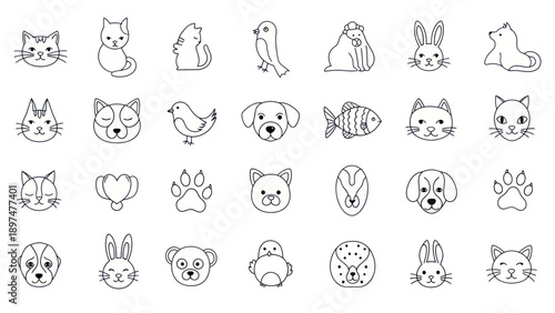 Cute Pet Icons Set: Cats, Dogs, Rabbits, Birds, Fish, Paw Prints - Line Art