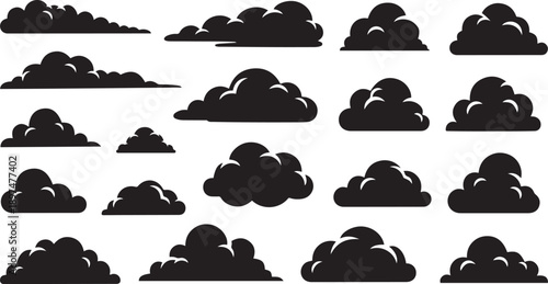 Collection of black silhouette cloud shapes on white background weather