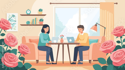 Two people work on laptops in a room with roses