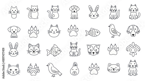 Cute Pet Icons Set: Cats, Dogs, Rabbits, Birds, Fish, Paw Prints - Line Art
