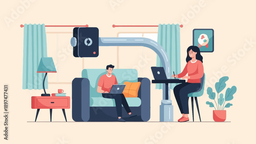 Two people work on laptops in a stylized living room with a pipe