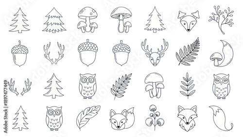 Cute Woodland Animals and Forest Elements Line Art Icons Set