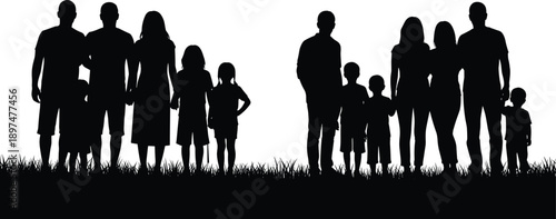 Large collection of diverse family silhouettes featuring parents and children standing in a row outdoors in nature on grass field
