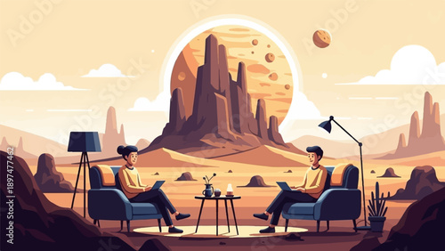 Two people work on laptops in alien desert landscape with large planet