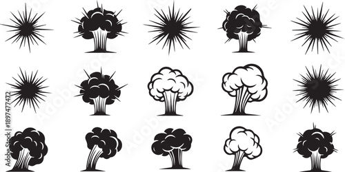 Collection of Explosion and Starburst Icons in Black and White Keywords: explosion, burst