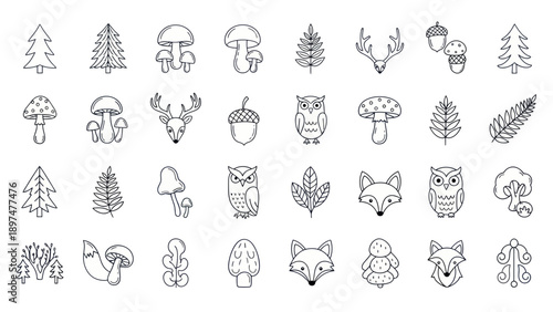 Cute Woodland Creatures and Forest Elements Hand-Drawn Icons Set