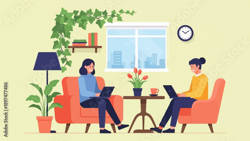 Two people work on laptops in armchairs, with a plant and window view