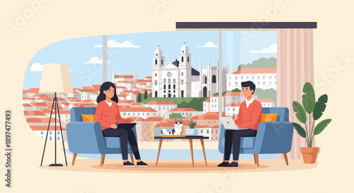 Two people work on laptops in blue chairs with a city view