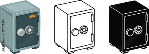 Security safe box silhouette & Outline and illustration set isolated on transparent background