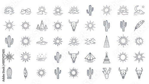 Desert Landscape Icon Set: Sun, Cactus, Mountains, Skull, Feather