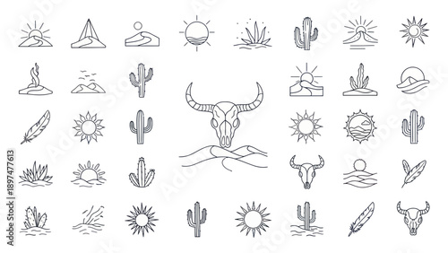 Desert Landscape Icons: Cactus, Sun, Mountains, Bull Skull, Feather, Minimalist Line Art