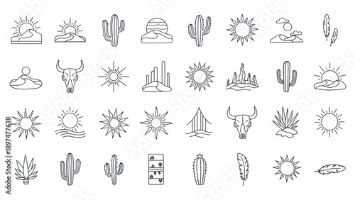 Desert Landscape Icons: Cactus, Sun, Mountains, Skull, Feathers, Tent