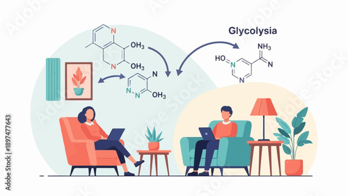 Two people work on laptops in cozy rooms, with chemical diagrams above