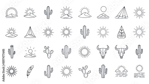 Desert Landscape Icons: Sun, Cactus, Mountains, Teepee, Bull Skull, Feather